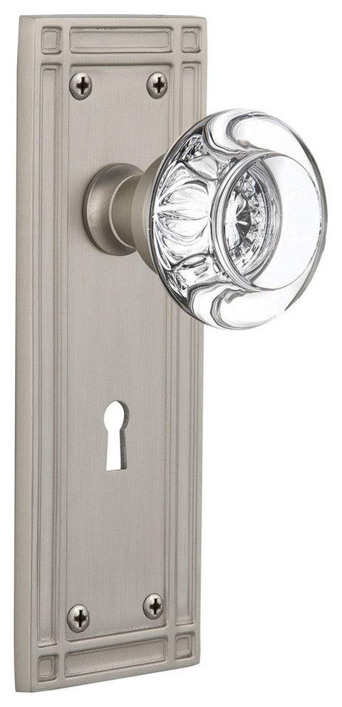 Mission Plate Passage Round Clear Crystal Glass Knob, Satin Nickel