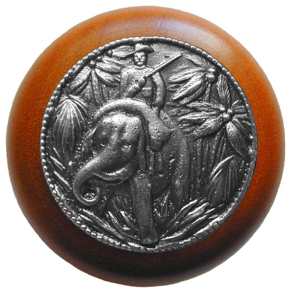 Jungle Patrol Wood Knob, Antique Brass, Cherry Wood Finish, Antique Pewter