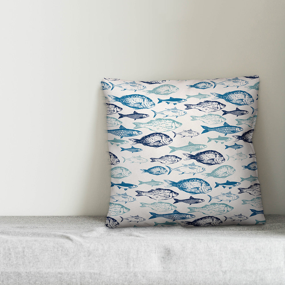 "School of Blue Fish" Outdoor Throw Pillow, 18"x18"