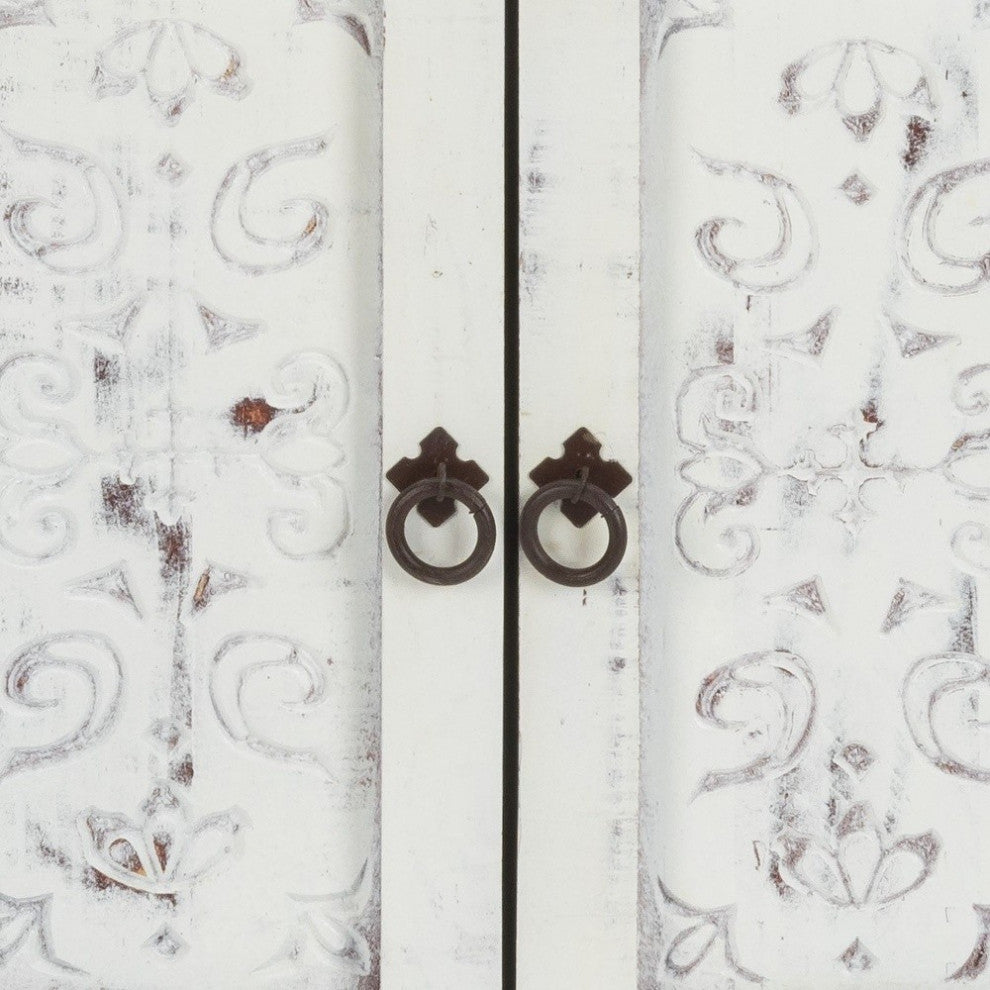 Distressed White Wooden Carved 2 Door and 2 Drawer Cabinet