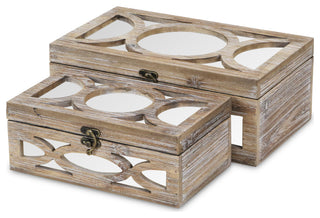 Wooden Mirrored Boxes, Distressed Wood, Set of 2
