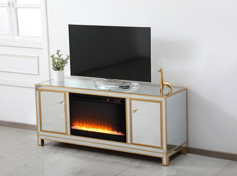 Rosie 60" Mirrored TV Stand With Crystal Fireplace, Gold
