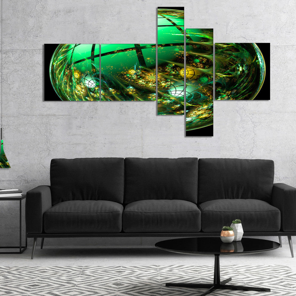 Bright Green Fractal Sphere, Abstract Canvas Art Print, 60"x32", 5 panels