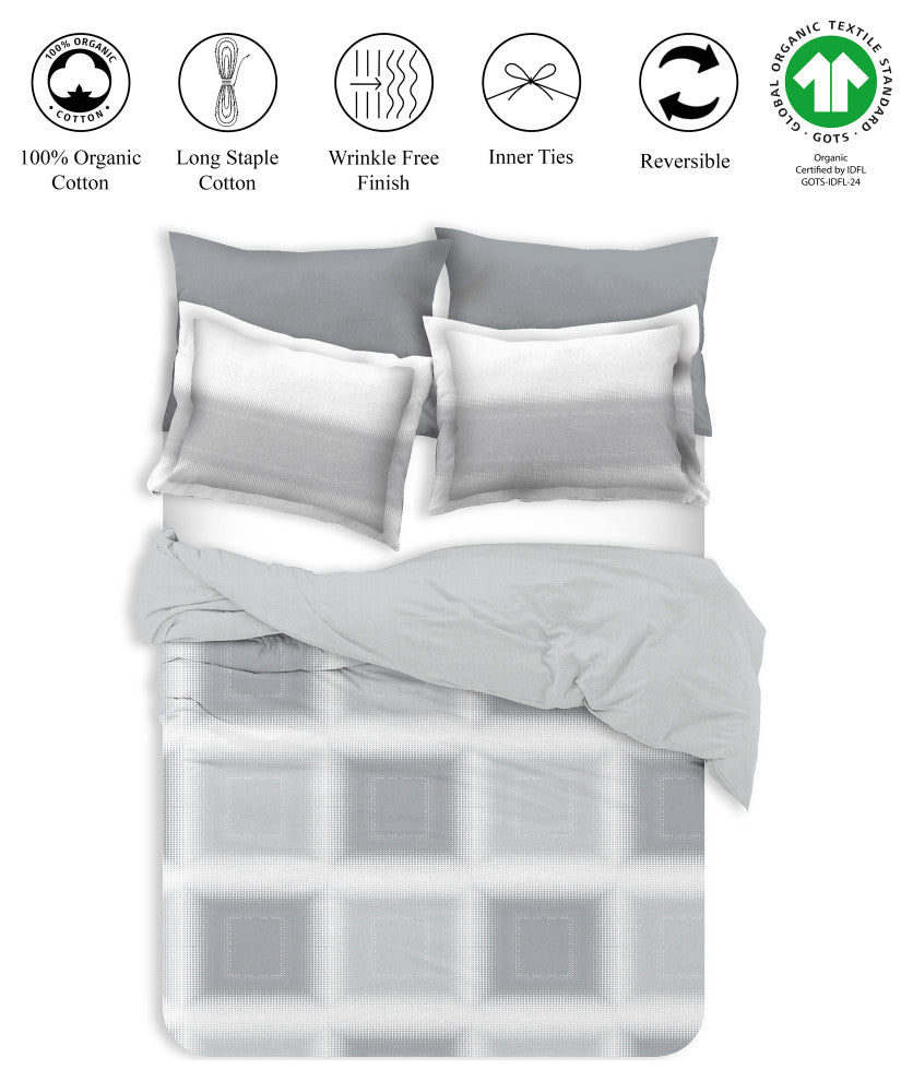Delara GOTS Organic Cotton Check Reversible Print Duvet Cover Set, King(108"x92"
