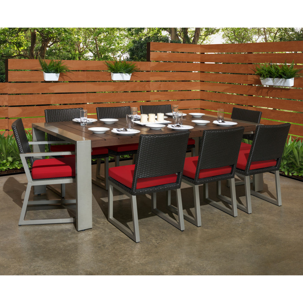Milo Espresso 9 Piece Sunbrella Outdoor Patio Dining Set, Sunset Red