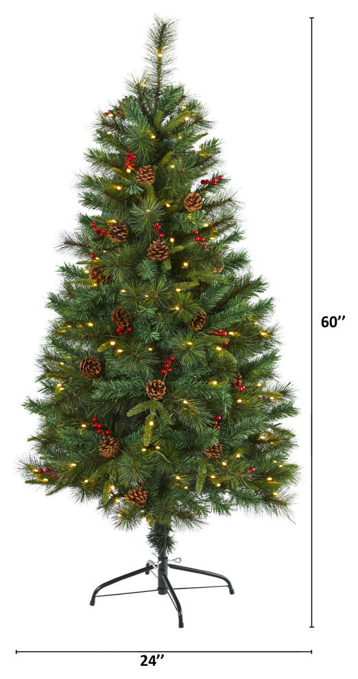 5' Mixed Pine Faux Xmas Tree With 150 Clear LED Lights, Pine Cones and Berries