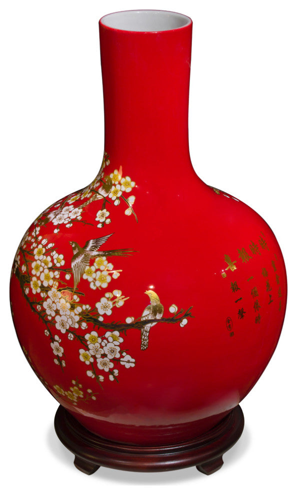 Red Cherry Blossom Chinese Porcelain Temple Vase, With Stand