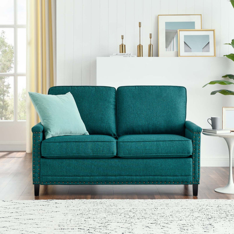 Loveseat Sofa, Fabric, Teal Blue, Modern, Living Lounge Hotel Lobby Hospitality
