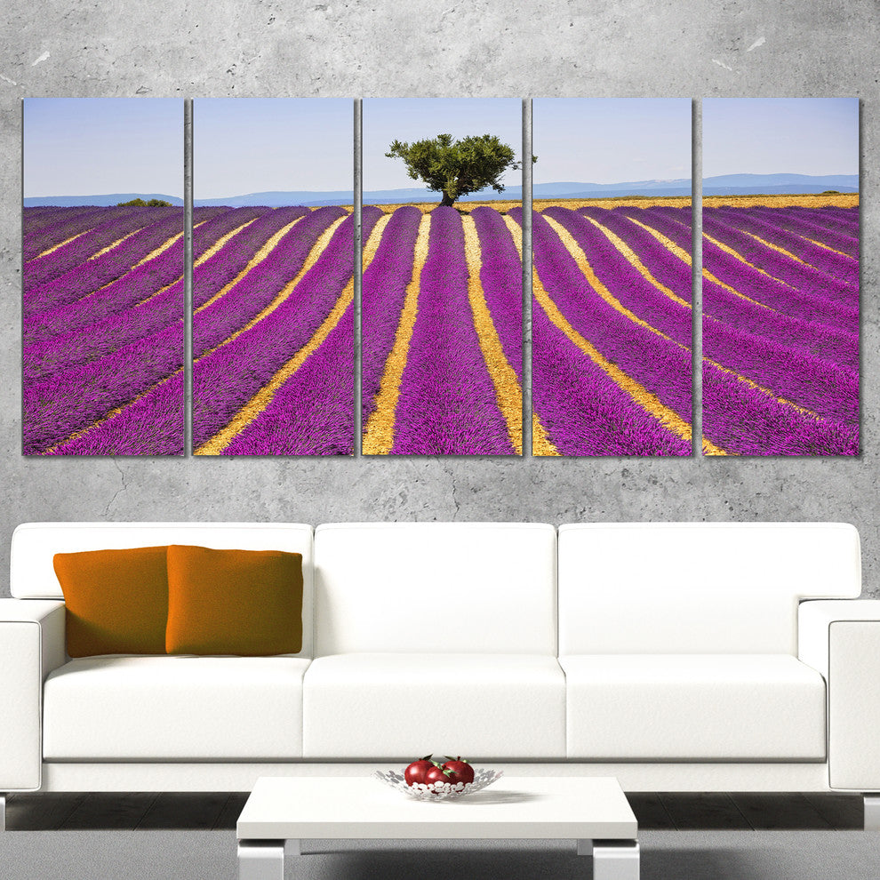 "Lavender and Lonely Tree Uphill" Landscape Wall Art Print, 5 Panels, 60"x28"
