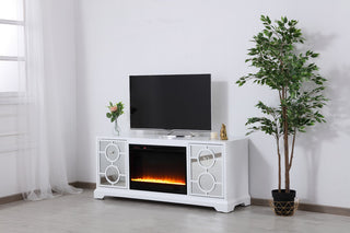 60" Mirrored TV Stand, Crystal Design Fireplace Insert