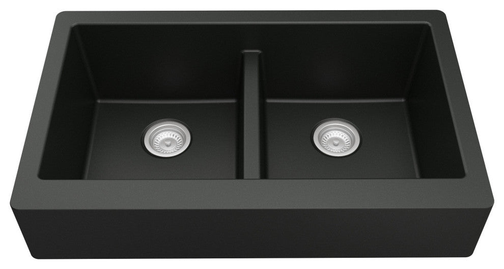 Karran Retrofit Farmhouse Quartz 34" Double Bowl Sink, Black