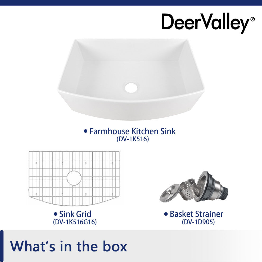 33" x 21" Farmhouse Ceramic Rectangular Kitchen Sink with Sink Grid and Strainer