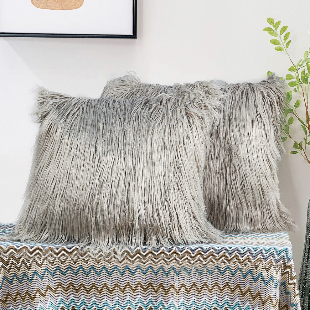 Mongolian Faux Fur Pillow Shell Set, Gray, 20"x20"