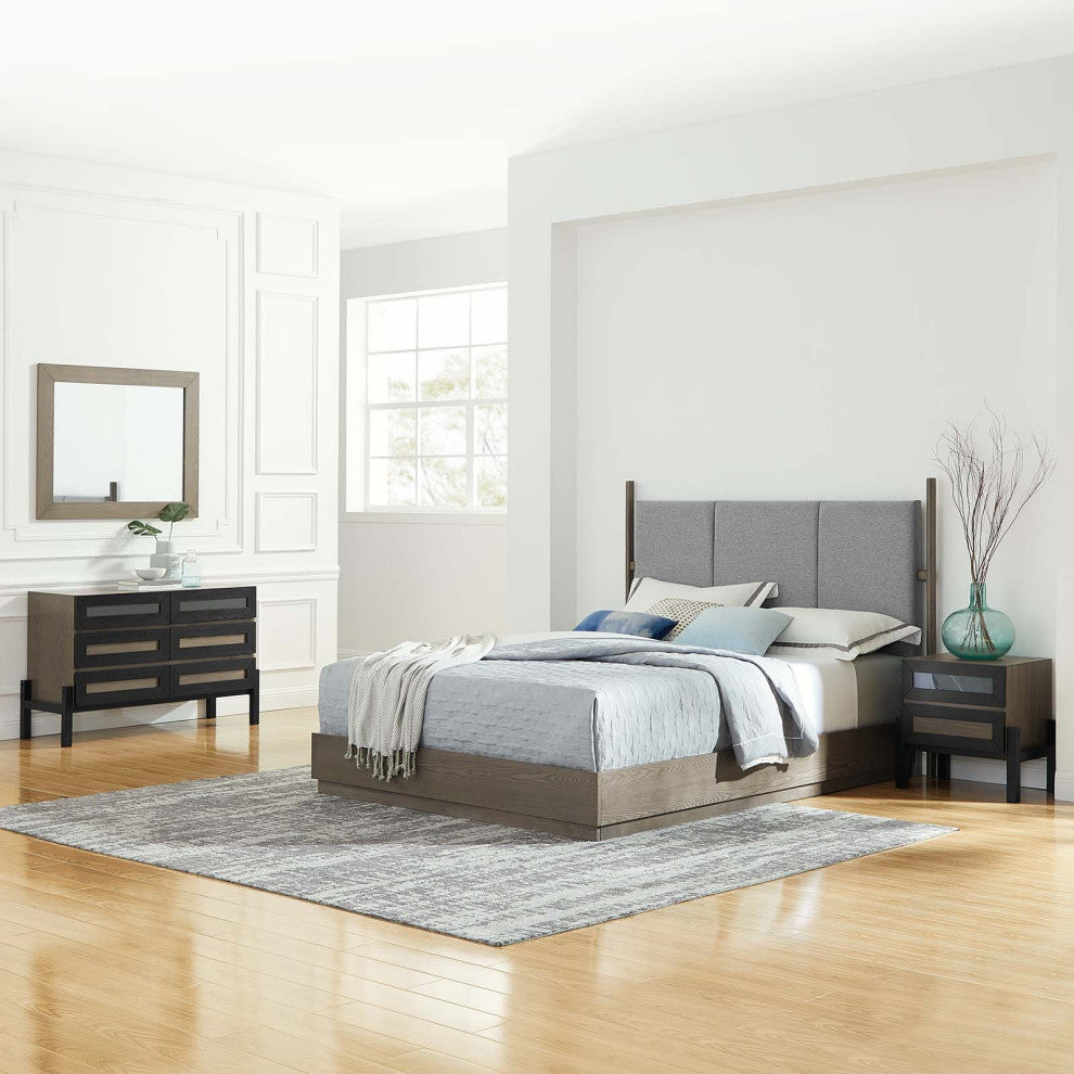 Platform Bed Dresser Chest Nightstand Set, Queen, Brown Oak, Wood, Modern