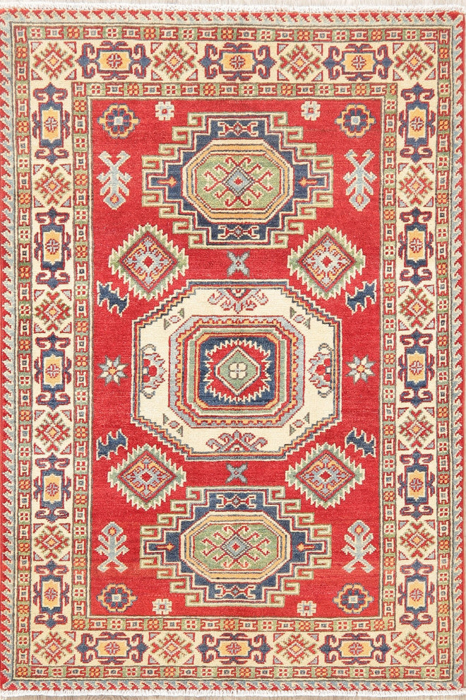 Kazak Oriental Traditional Hand Made Pakistani Area Rug, Red, 4'11"x3'5