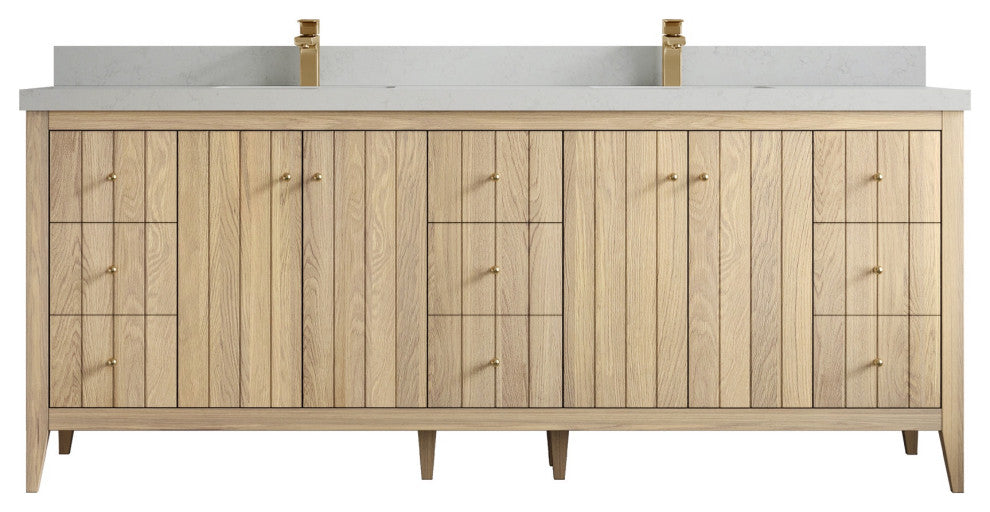 Atlanta Oak 84" Double Sink Bath Vanity, White 2" Carrara Quartz