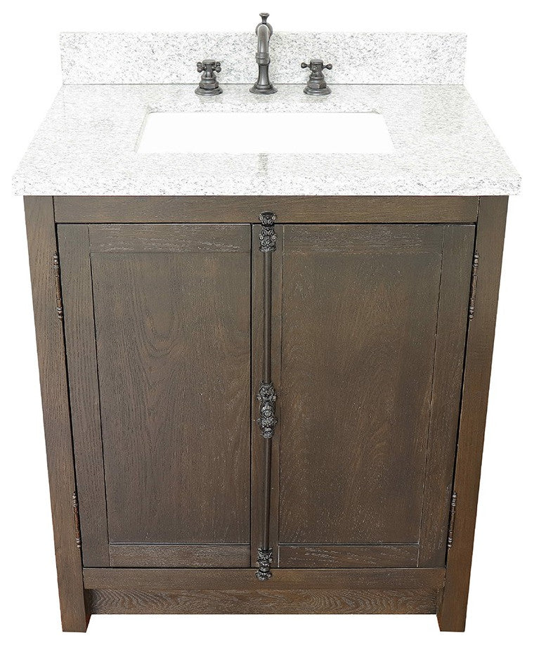 30" Single Vanity, Brown Ash, Gray Granite Top, Rectangle Sink