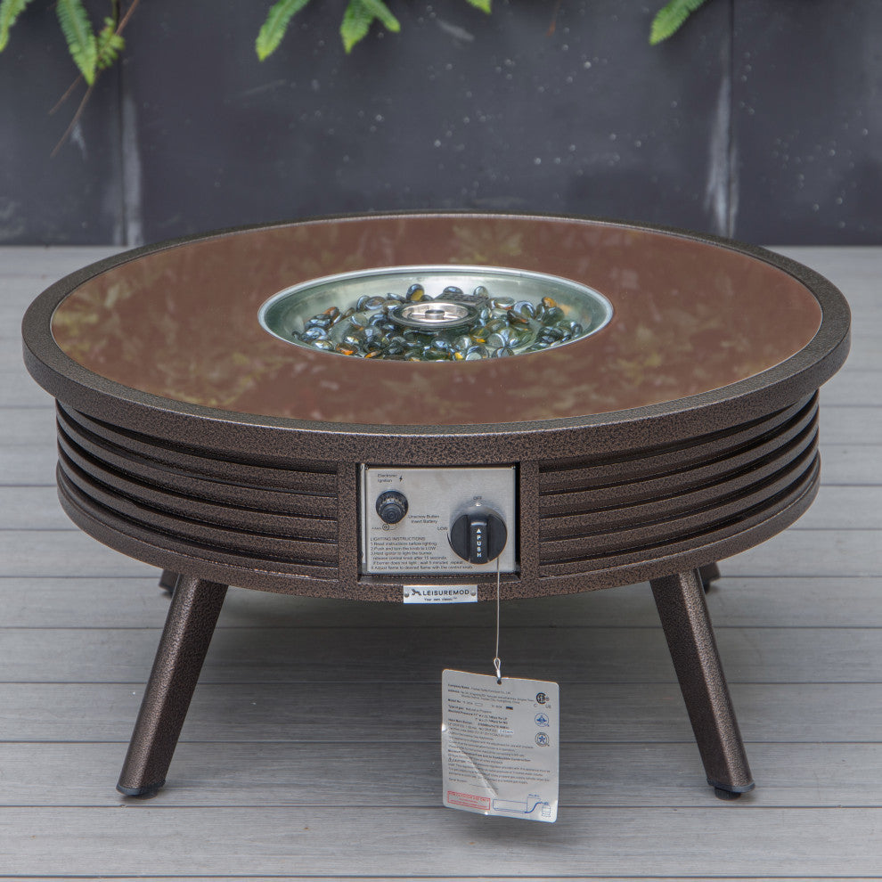 LeisureMod Walbrooke Patio Conversation Set With Fire Pit Table, Red