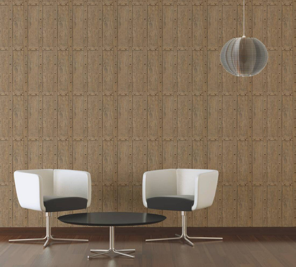 Nature Textured Wallpaper Featuring Wooden Joints Pattern, Brown, Sample