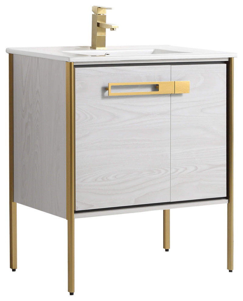 Oakville Bath Vanity, Ceramic Sink, Mild Grey Oak, 30 Inch, Satin Brass Hardware