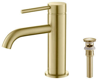 Circular Brass Single Handle Bathroom Faucet KBF1008, Brush Gold, with Drain