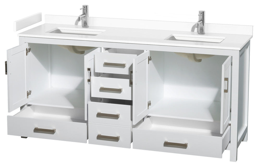 72" Double Bathroom Vanity, White, White Cultured Marble Countertop, Sinks