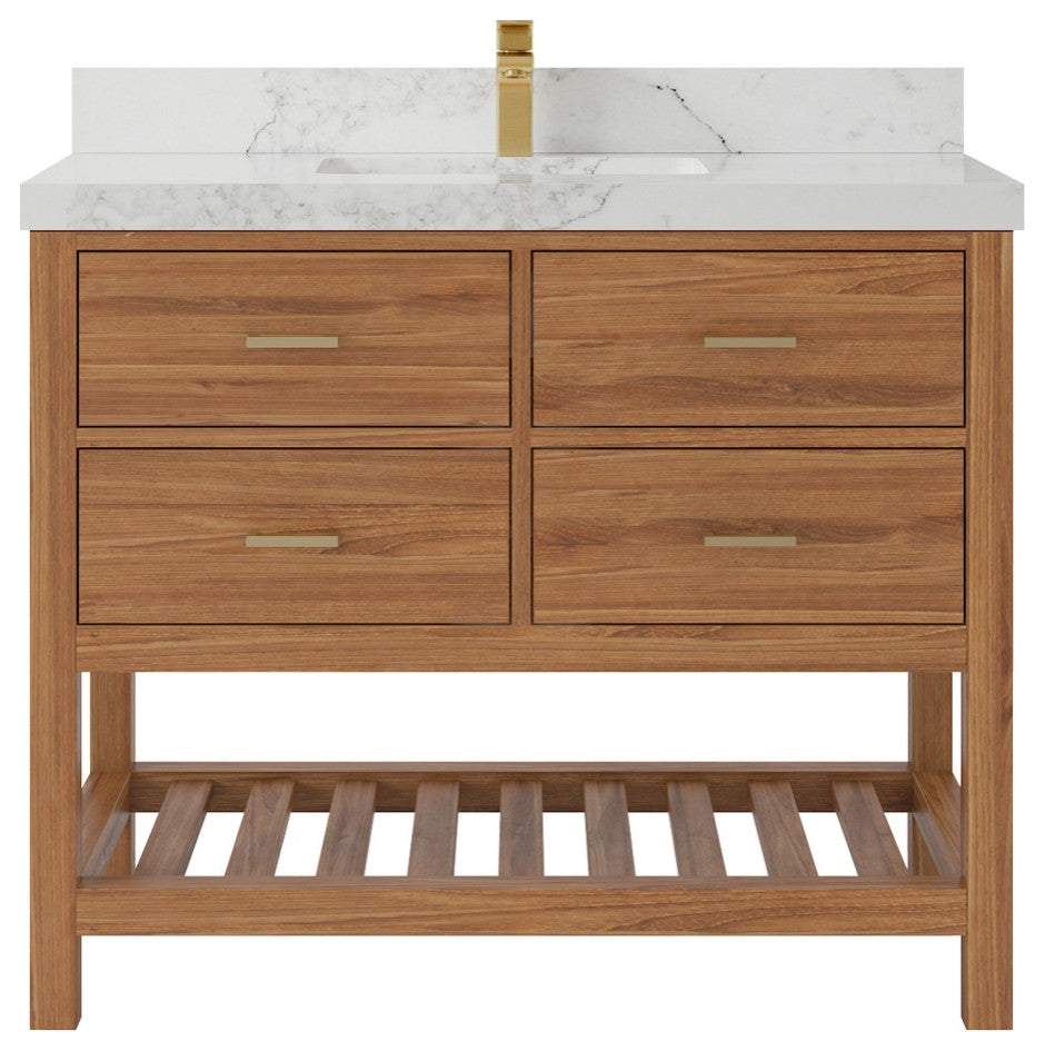 Parker Teak 42" Single Sink Bath Vanity in Golden Teak  2" Calacatta Nuvo