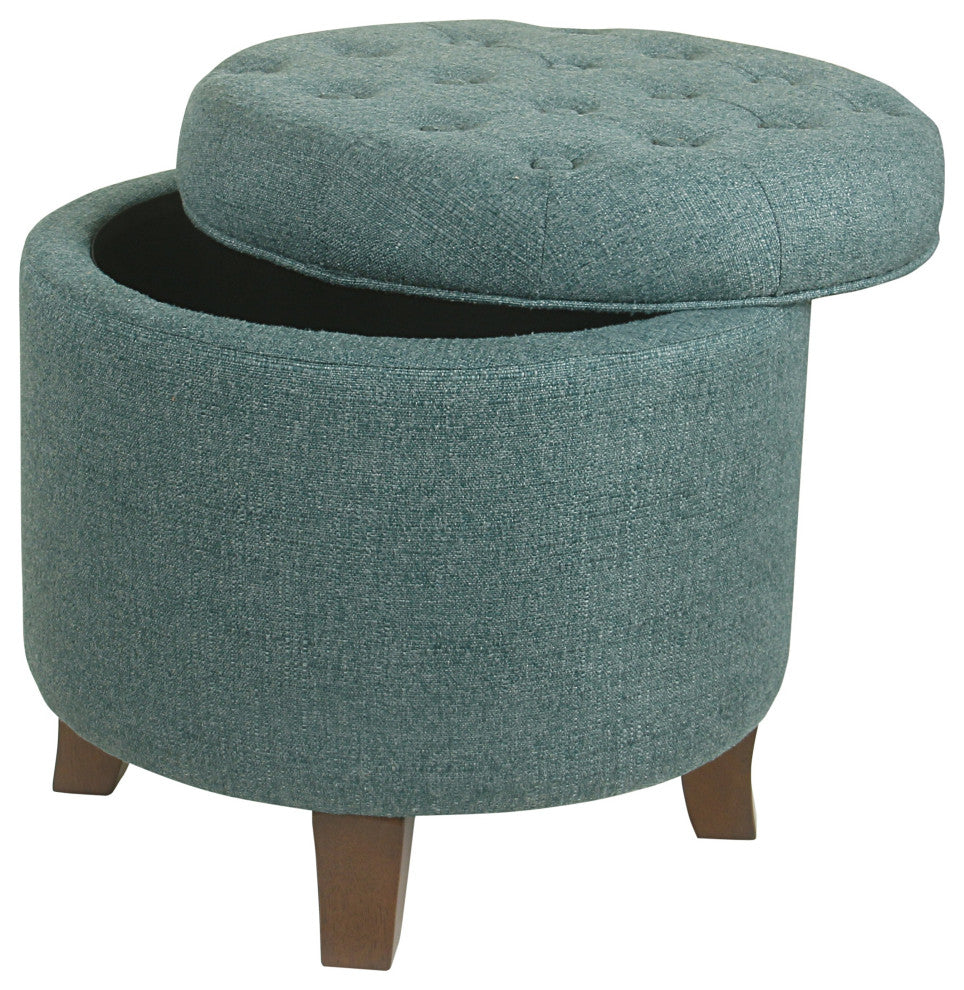 Benzara BM194933 Fabric Round Ottoman With Lift Top Storage, Teal Blue and Brown