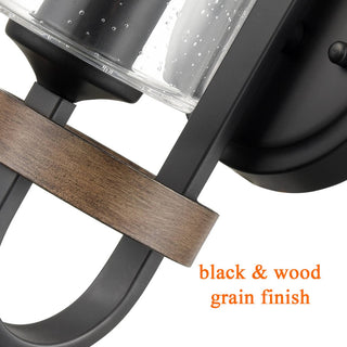 Industrial Wall Sconce Seeded Glass Shade with Wood Grain Finish