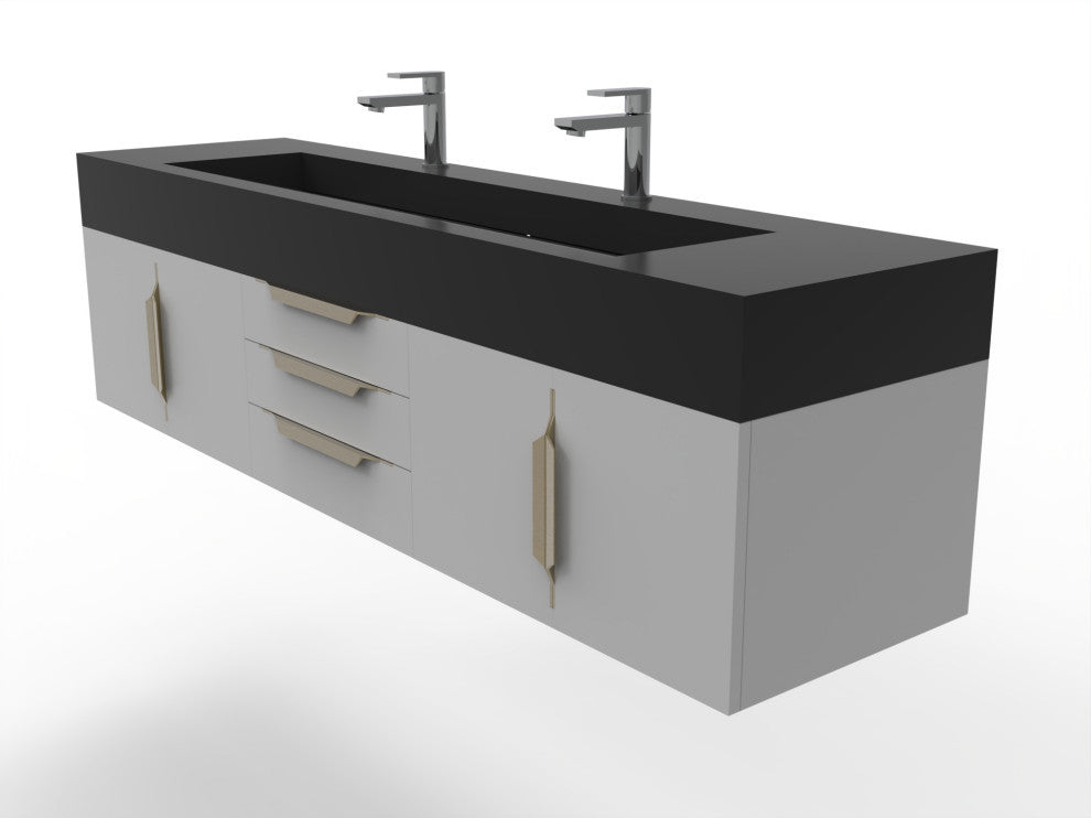 CastelloUSA Nile 72" Wall Mounted Bathroom Vanity Set, Gray, Black Top, Gold Handles
