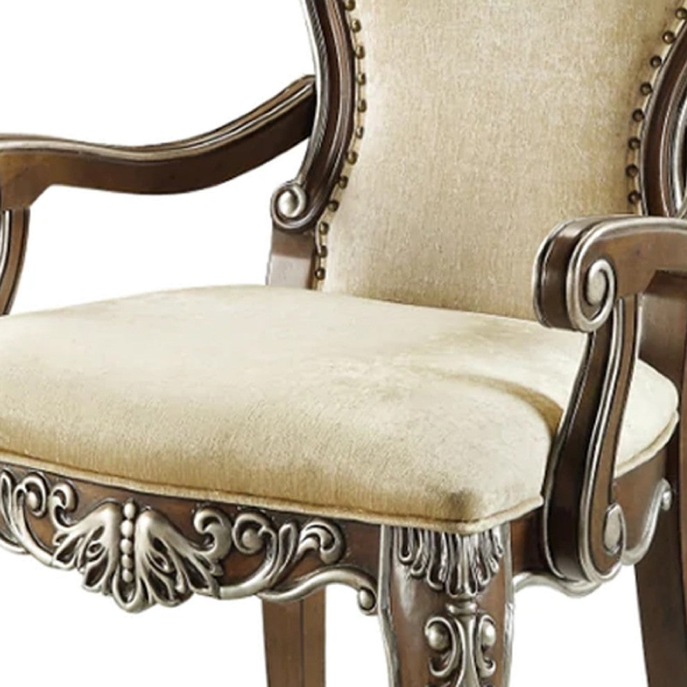 Benzara BM275732 Classic Upholstered Armchair, Scrolled Details, Nailhead, Brown