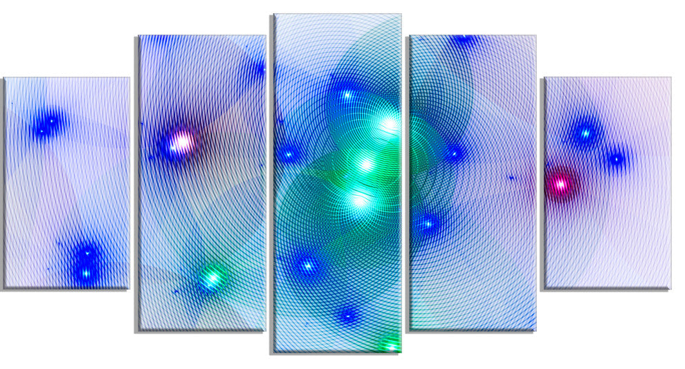 Blue Fractal Lights in Fog, Contemporary Wall Art Canvas, 60"x32", 5 Panels