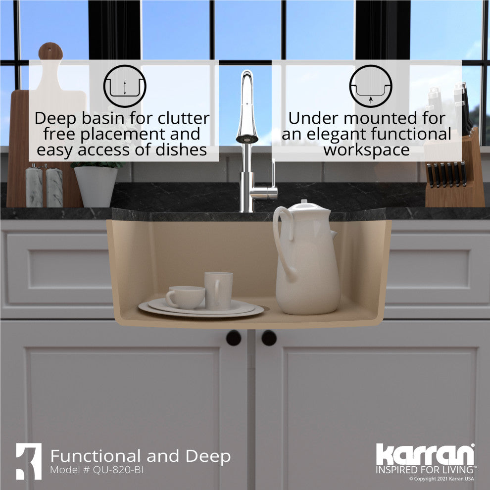 Karran QU-820 Undermount 24.38, Single Bowl Quartz Sink Kit, Bisque