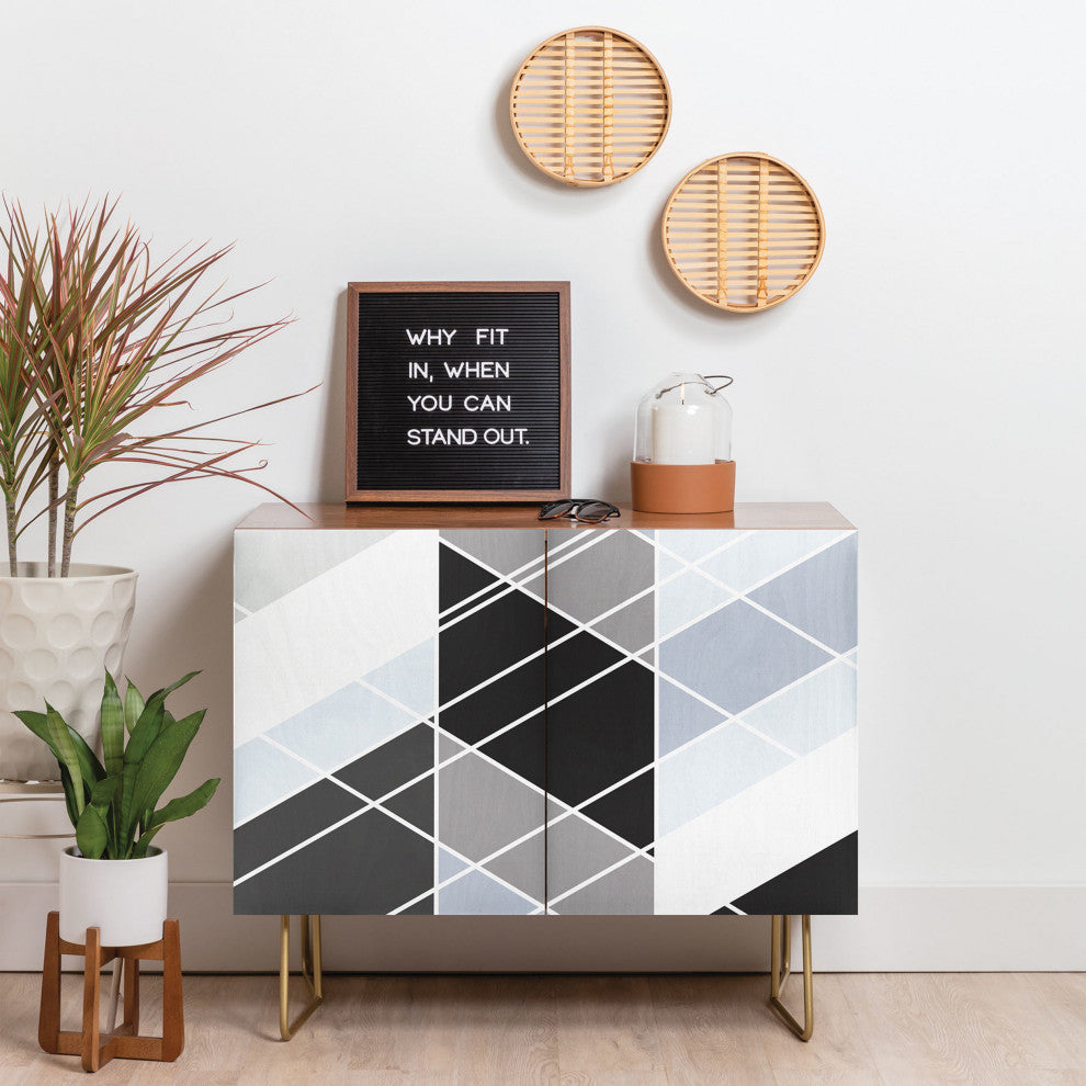 Deny Designs Nordic Slant Geometric Credenza, Walnut, Gold Steel Legs