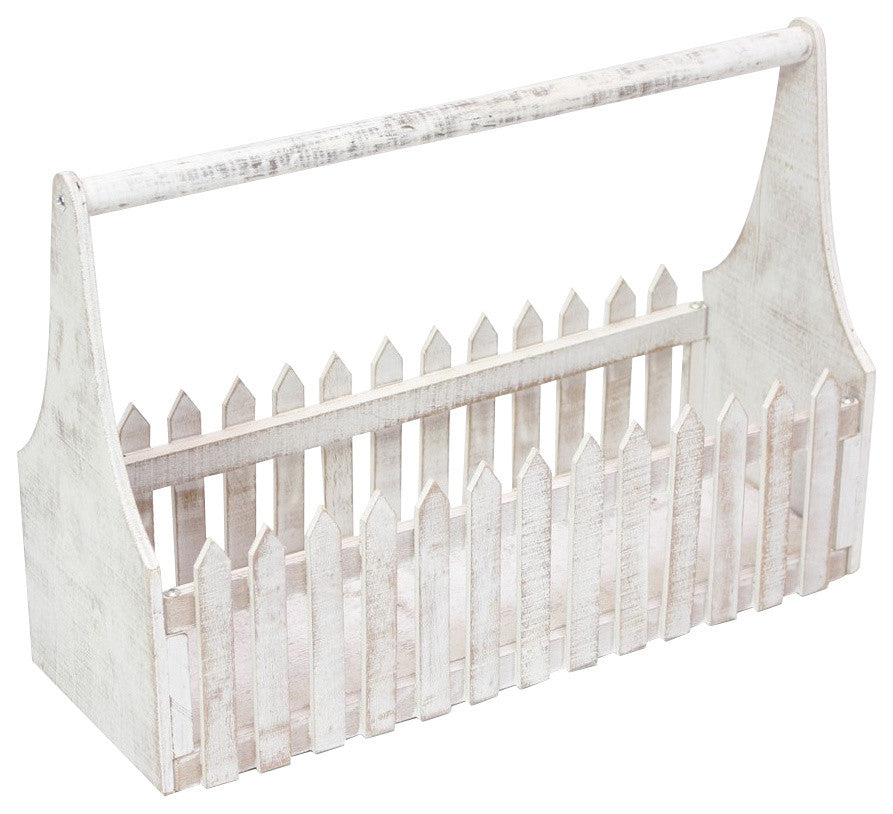 White Wooden Flower Planter Fence Picket Storage, Carry Basket with Handle