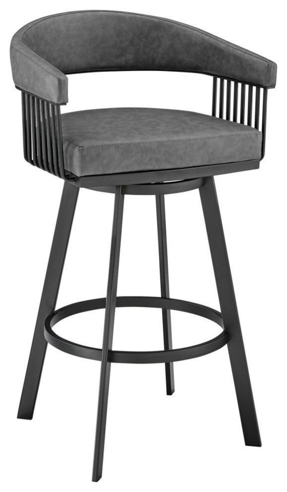 Chelsea 30" Bar Height Swivel Bar Stool, Black Finish and Gray Faux Leather