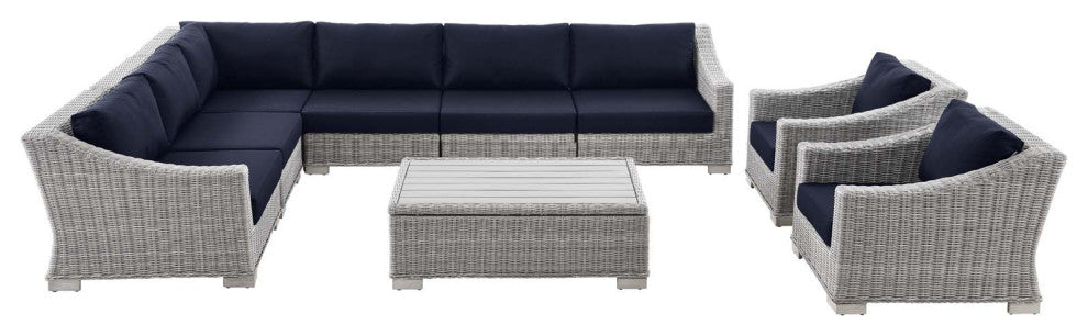 Outdoor Patio Wicker Rattan 9-Piece Sectional Sofa Furniture Set Gray Navy