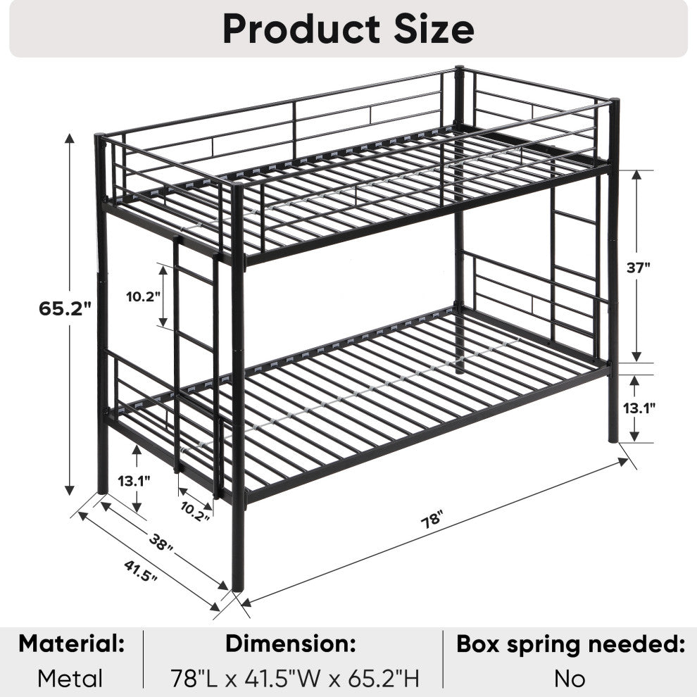 Gewnee Bunk Bed Twin Over Twin Size with 2 Ladders and Full-Length Guardrail