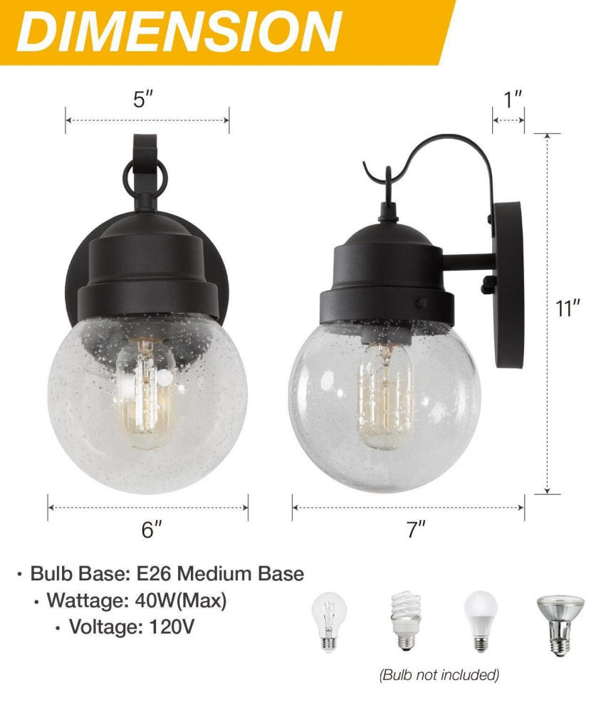 LNC 1-Light Seeded Glass Globe Outdoor Wall Lamp, 11", Black