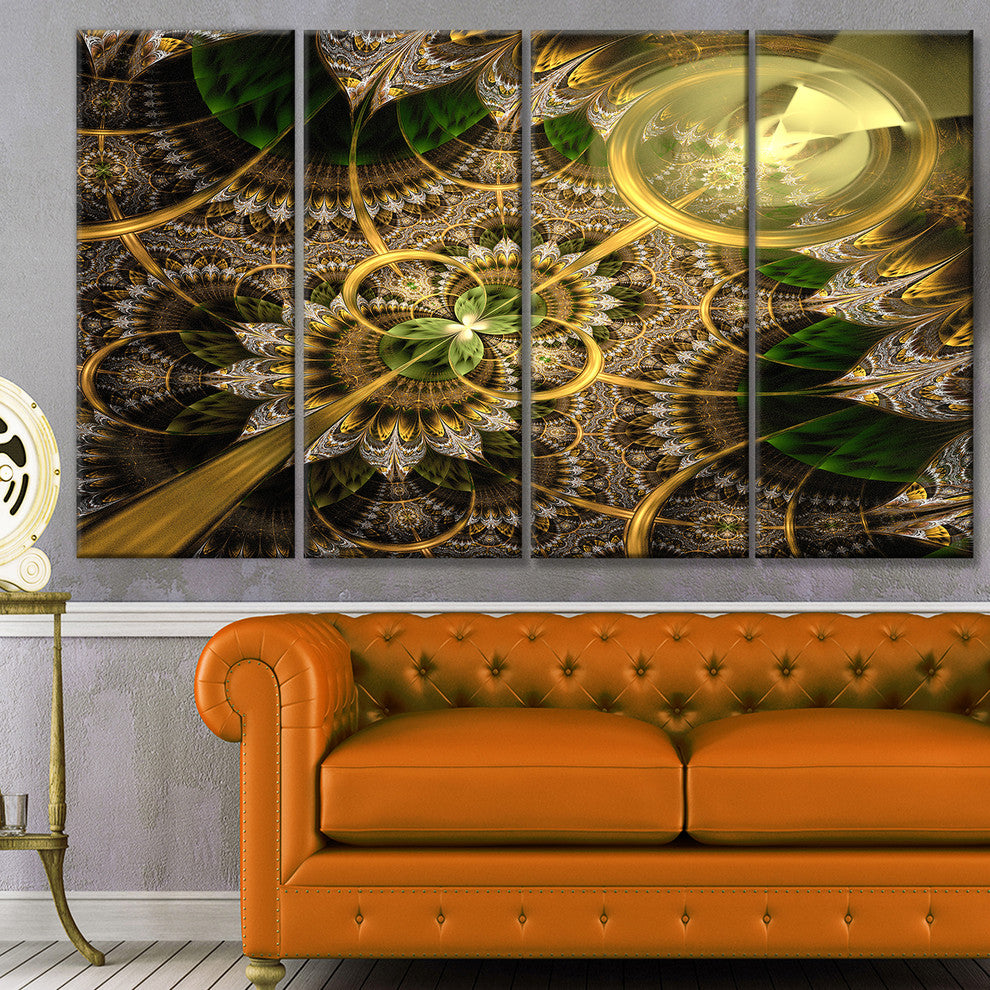 Dark Green and Gold Fractal Flower, Floral Canvas Art Print, 48"x28", 4 Panels