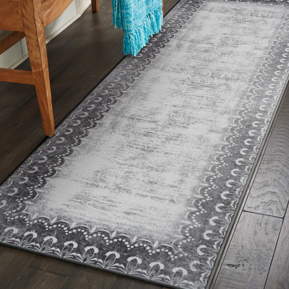 My Magic Carpet Washable Rug Dardon Bordered Gray, 2.5' X 7'