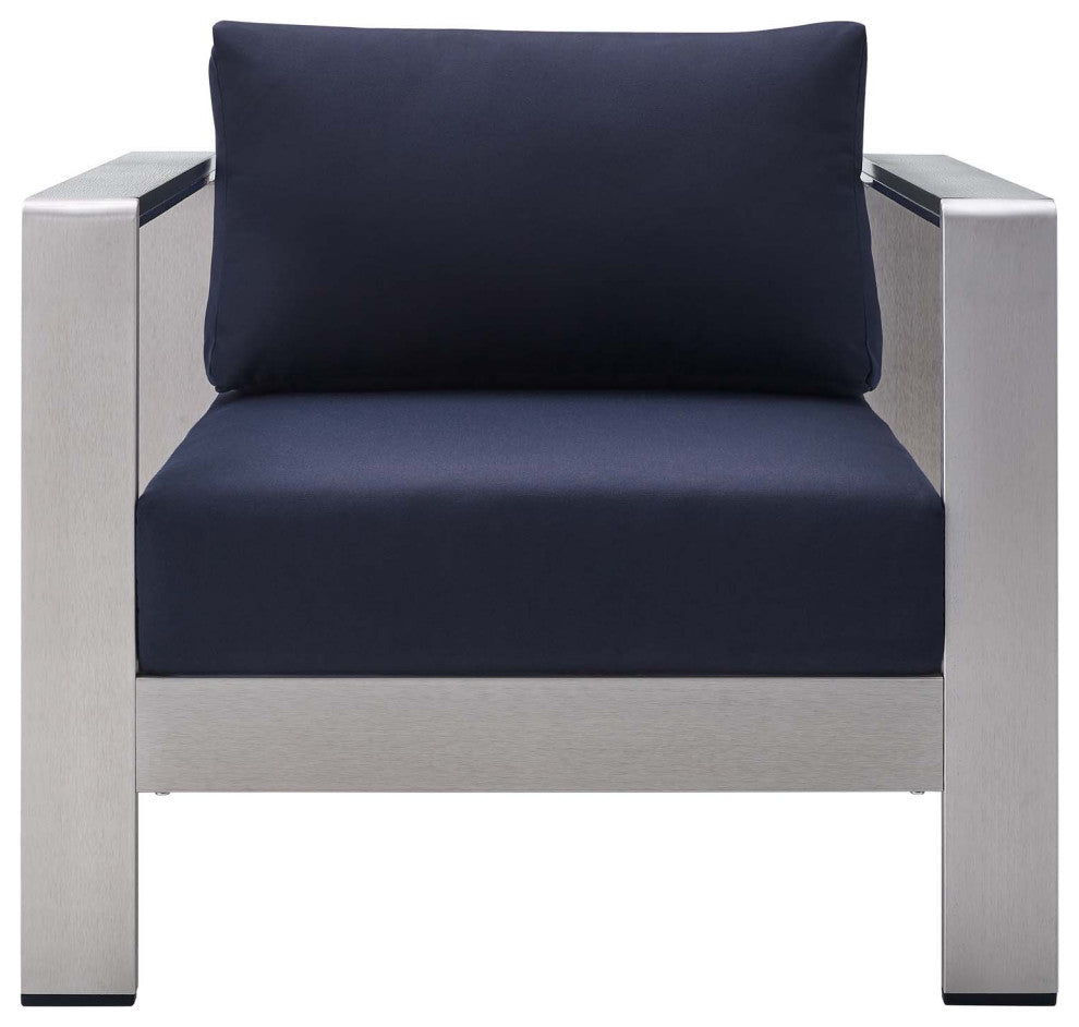 Lounge Chair Armchair, Sunbrella, Fabric, Aluminum, Silver Blue Navy, Outdoor