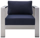 Lounge Chair Armchair, Sunbrella, Fabric, Aluminum, Silver Blue Navy, Outdoor