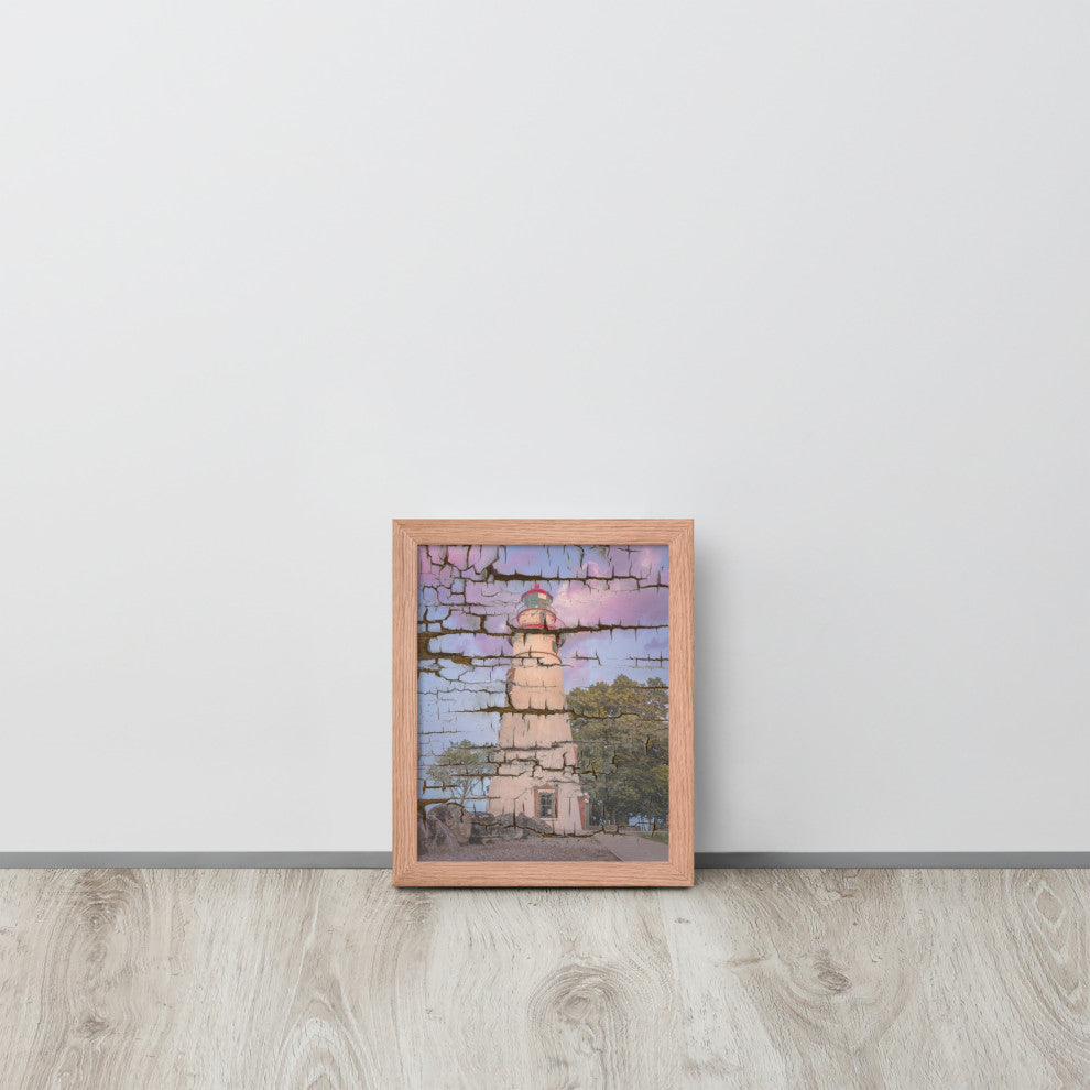 Faux Wood Texture Marblehead Lighthouse at Sunset Framed Photo Wall Art Print, Red Oak, 8" X 10"