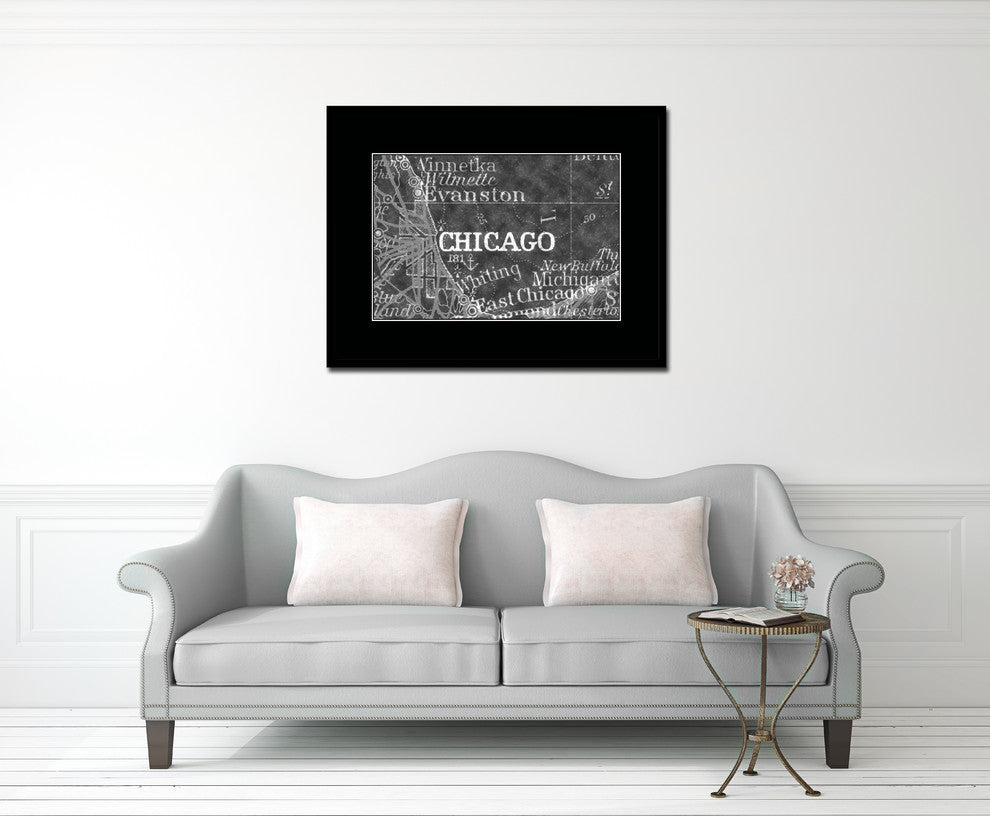 Chicago, Illinois Monochrome Map Print On Canvas With Black Frame, 28" X 37"