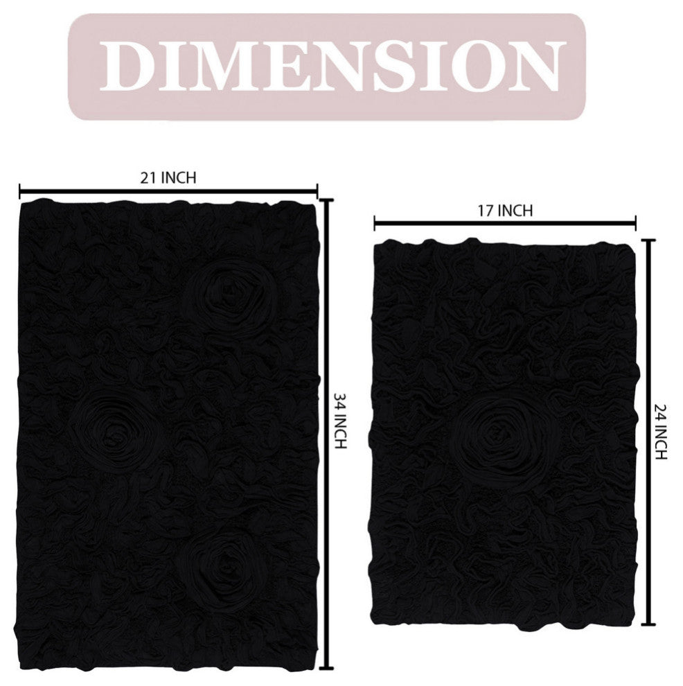 Bell Flower Collection Tufted Bath Rugs, 2 Piece Set, Black