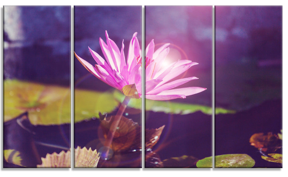 Pink Lotus Flower on Blue Background, Floral Canvas Art Print, 48"x28", 4 Panels