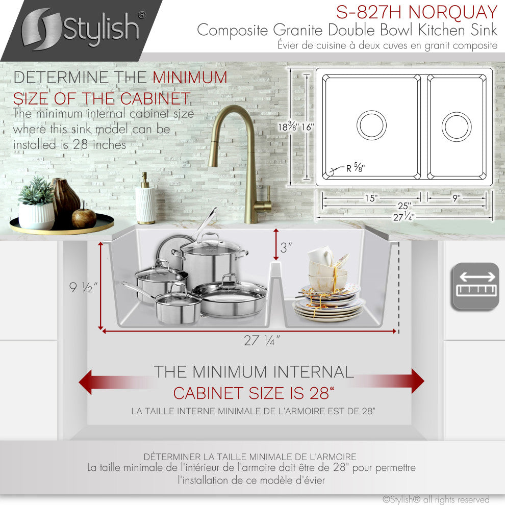 27"x18" White Double Bowl 60/40 Dual Mount Granite Kitchen Sink