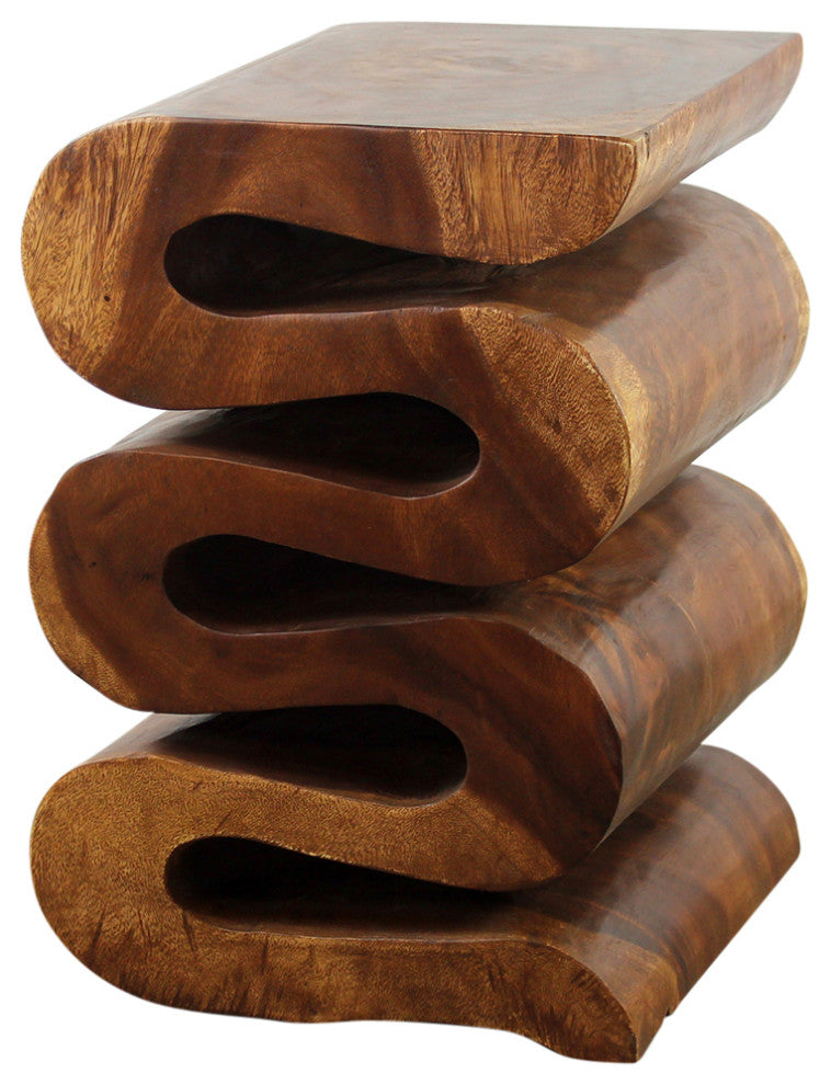 Thai All-Natural Wave Wood End Table in Walnut, 14" X 14" X 20"