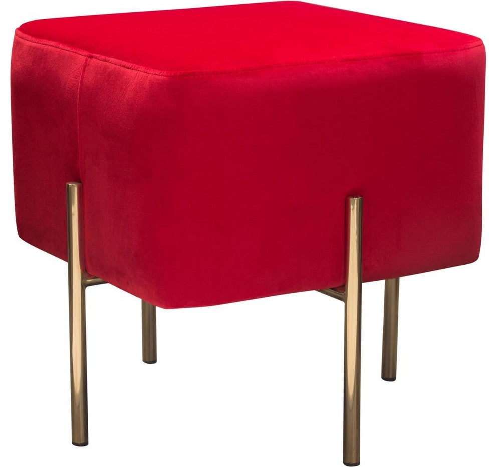 Velvet Upholstered Modern Square Accent Ottoman with Stainless Steel Frame, Red